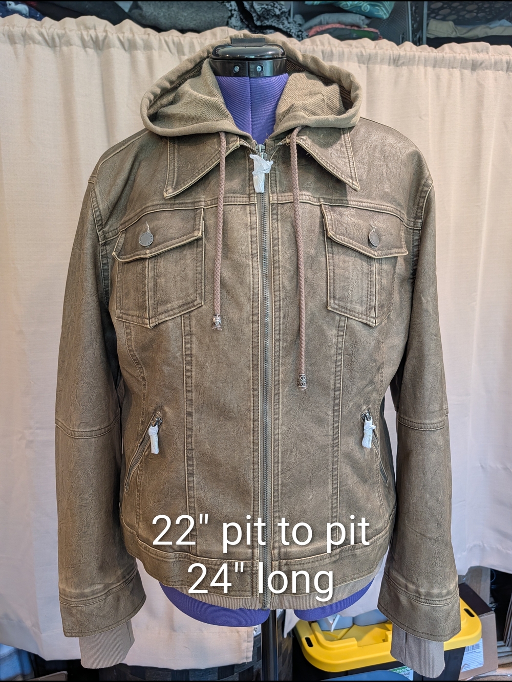 Unisex Hooded Faux-Leather Jacket in tan/ Brown. Layered Coverage.